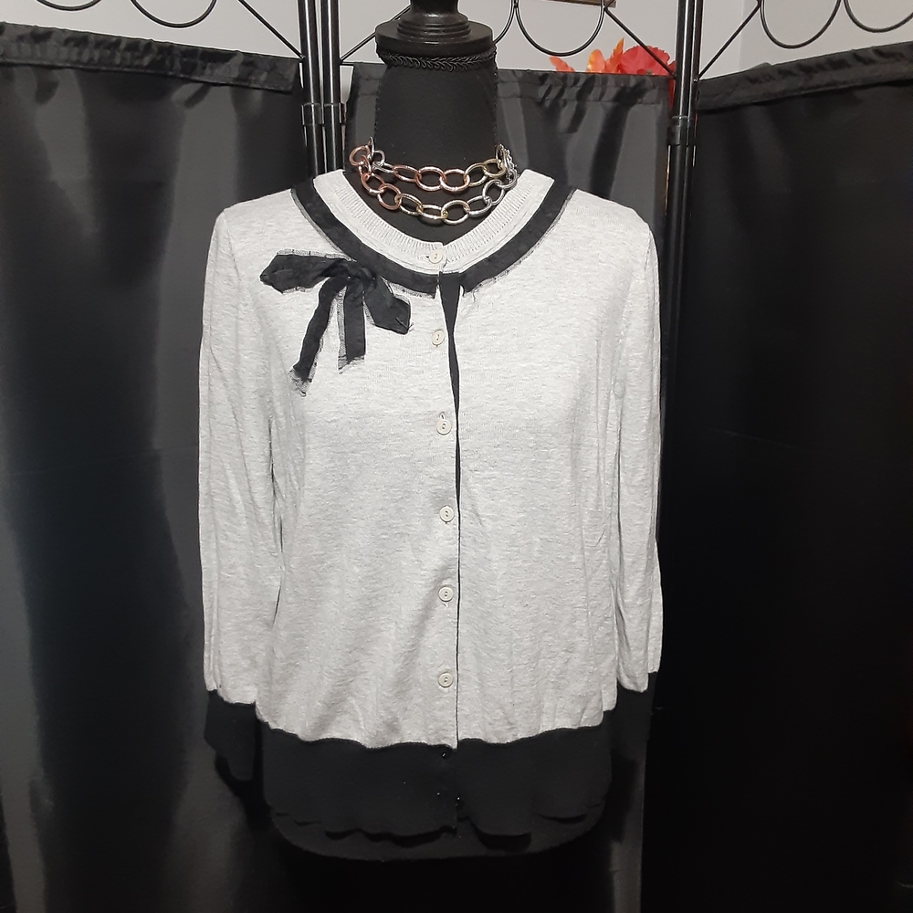 LOFT Women's Black and White Button Down Bow Cardigan Size L Prarie